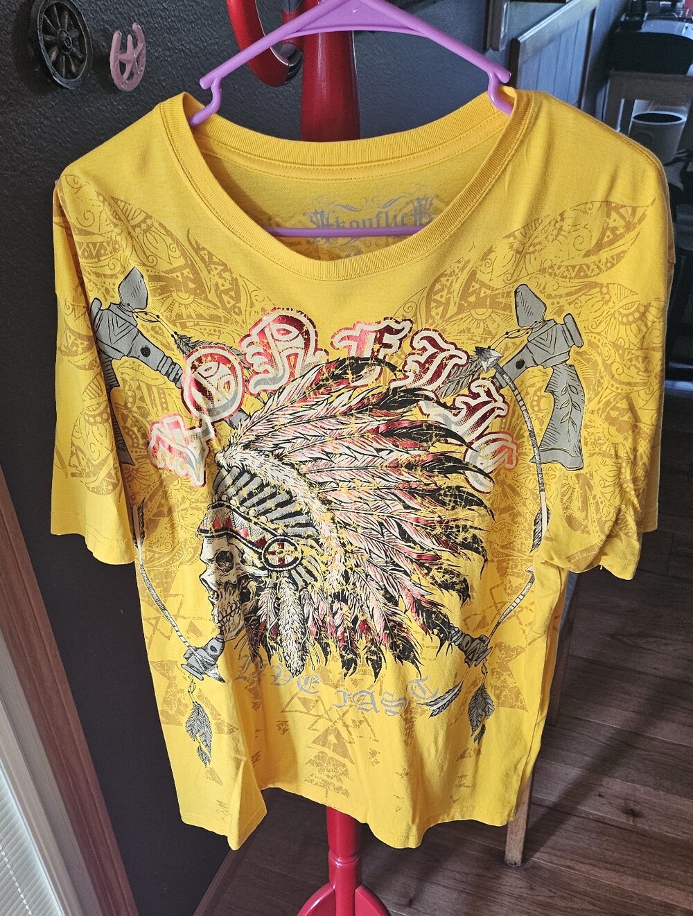 Mens XL SS Konflic Yellow Graphic T-Shirt with Feathered Headdress